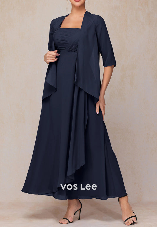 Glamorous A-Line Two-Piece Half Sleeve Ankle-Length Pleated Mother of Bride Dresses