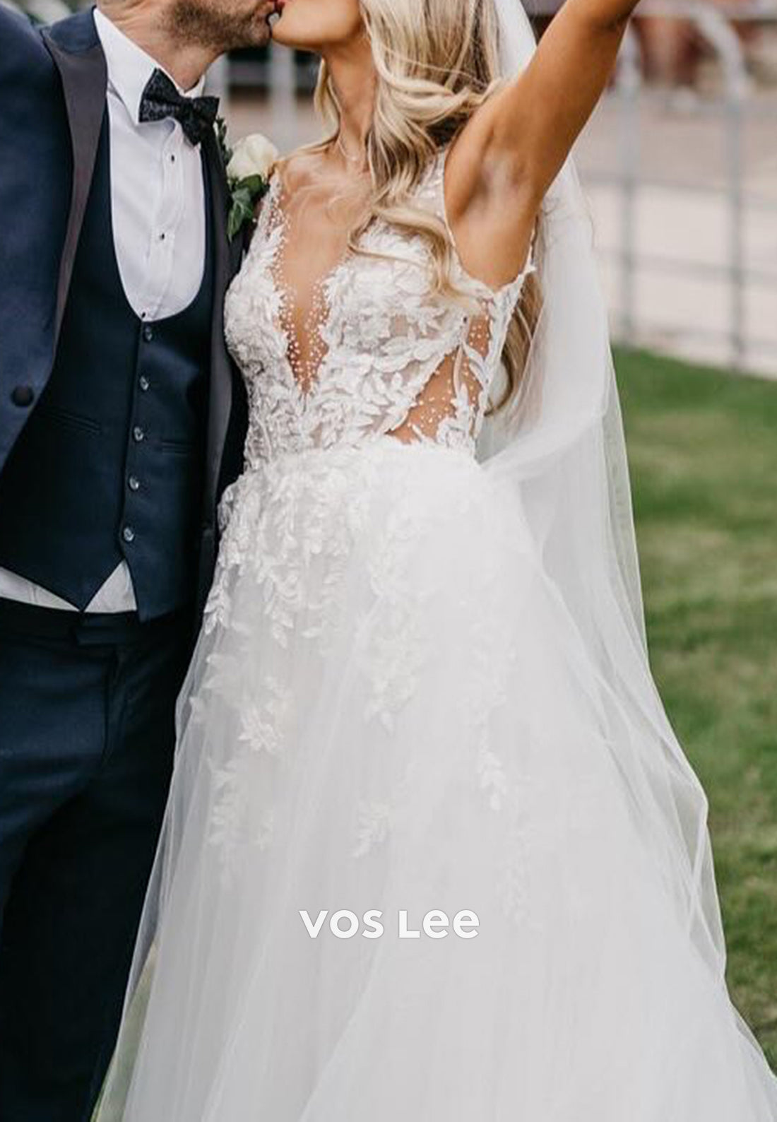 A-Line V Neck Appliques Lace Pleated Tulle Wedding Dresses with Court Train