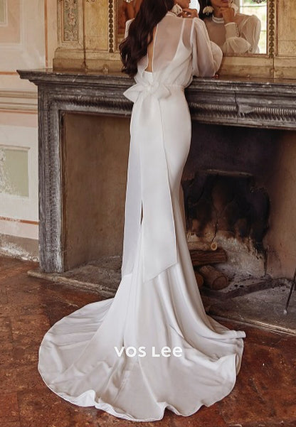 Simple Long Sleeve High Neck Bowknot Mermaid Wedding Dresses with Sweep Train