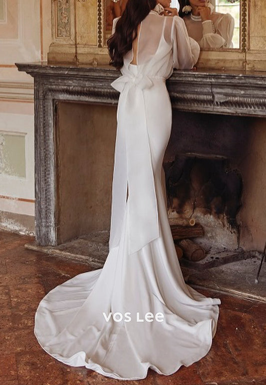 Simple Long Sleeve High Neck Bowknot Mermaid Wedding Dresses with Sweep Train