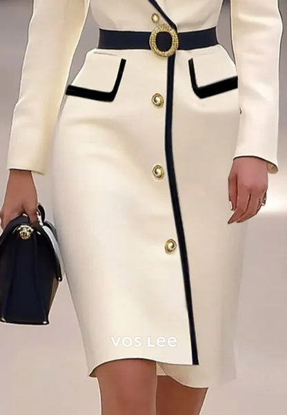 Classic & Timeless Long Sleeve V Neck Pleated Knee-Length Sheath Wedding Guest Dresses