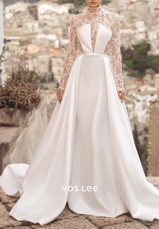 A-Line Illusion High Neck Long Sleeve Lace Sequins Wedding Dresses with Cathedral Train