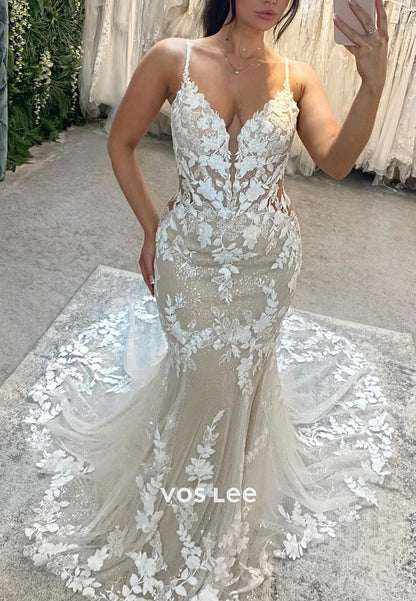 Spaghetti Straps V Neck Appliques Lace Pleated Wedding Dresses with Sweep Train