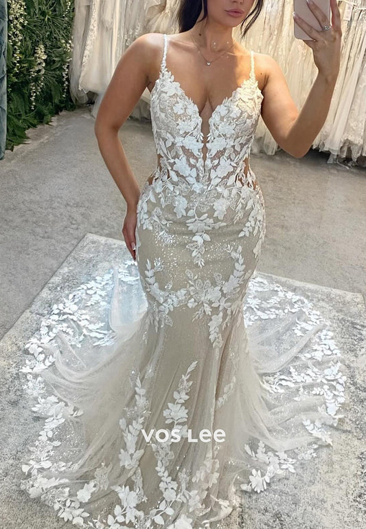 Spaghetti Straps V Neck Appliques Lace Pleated Wedding Dresses with Sweep Train