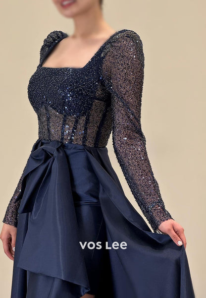 Chic & Modern High Low Long Sleeve Square Sequined Evening Dresses with Court Train