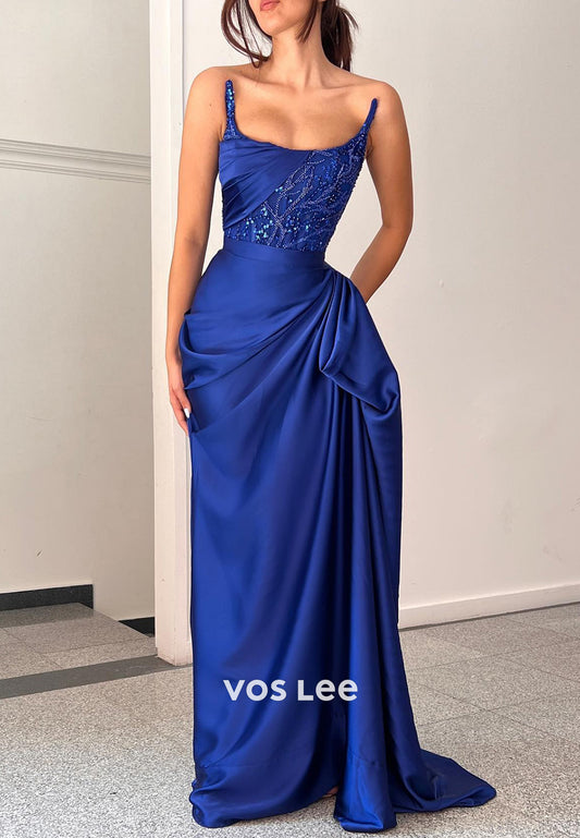 Sexy & Hot Strapless Sequins Embellished Pleated Sheath Evening Dresses with Sweep Train