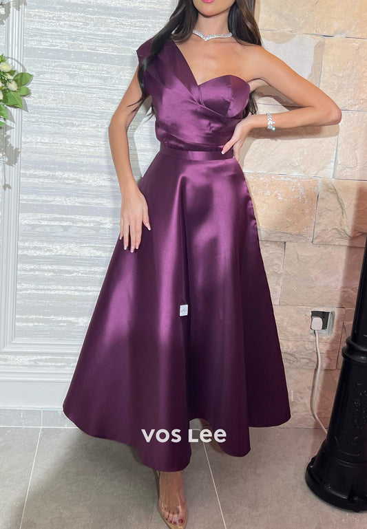 Simple A-Line One Shoulder Grape Pleated Evening Dresses