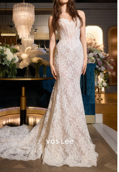 Two Pieces Long Sleeve High Neck Appliques Lace Mermaid Wedding Dresses with Sweep Train