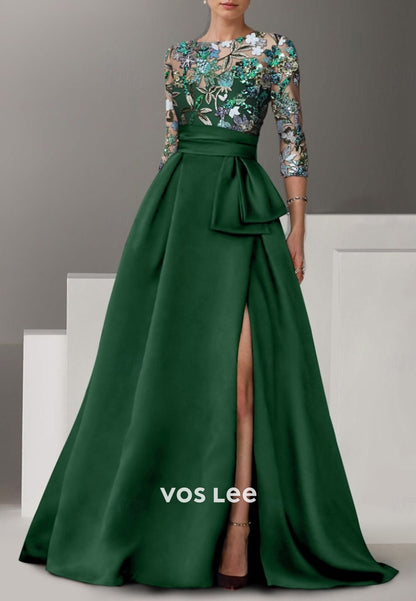 A-Line 3/4 Sleeve Appliques Pleated Evening Dresses Mother of Bride Dresses with High Split