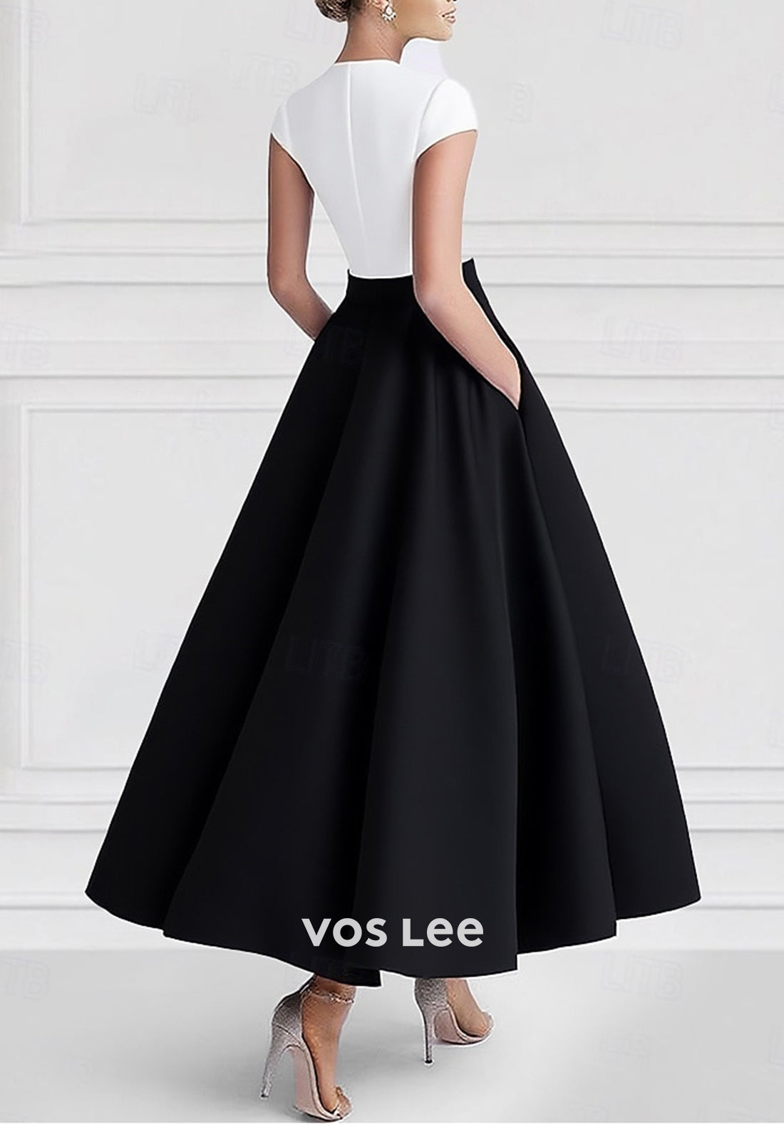 A-Line V Neck Short Sleeve Floral Embossed Ankle-Length Evening Dresses