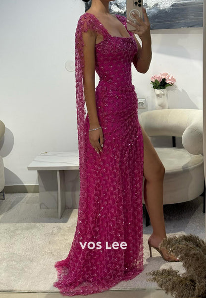 Square Sequins Embellished Mermaid Prom Dresses with High Split