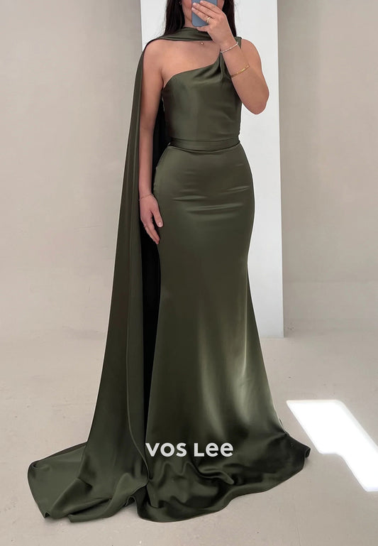 Couture & Ornate One Shoulder Ruched Mermaid Evening Dresses with Sweep Train