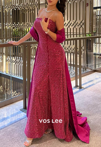 Strapless Sequins Embellished Pleated Long Mermaid Evening Dresses with Court Train