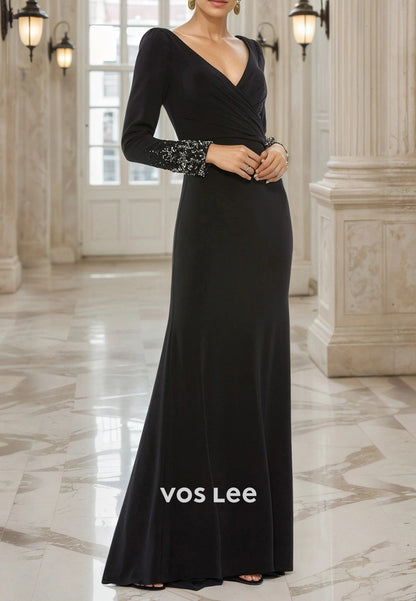 Long Sleeve V Neck Ruched Rhinestone Floor-Length Sheath Mother of Bride Dresses
