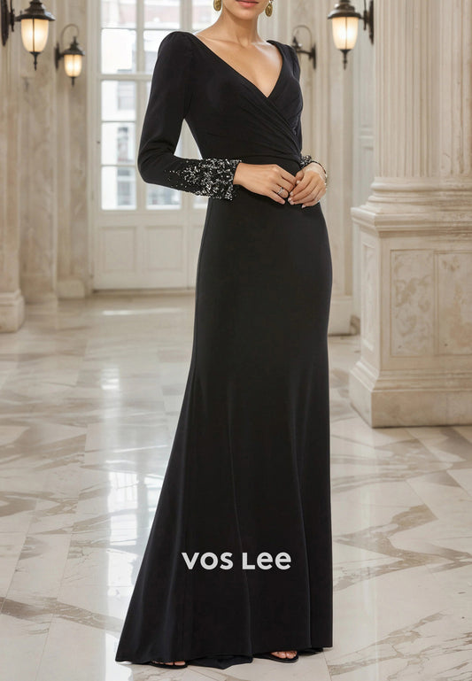 Long Sleeve V Neck Ruched Rhinestone Floor-Length Sheath Mother of Bride Dresses