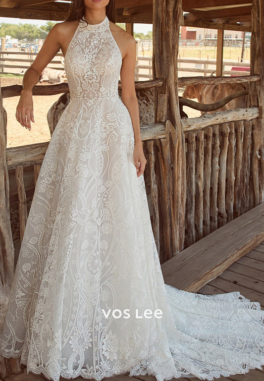 A-Line Halter Sleeveless Appliques Lace Pleated Wedding Dresses with Court Train