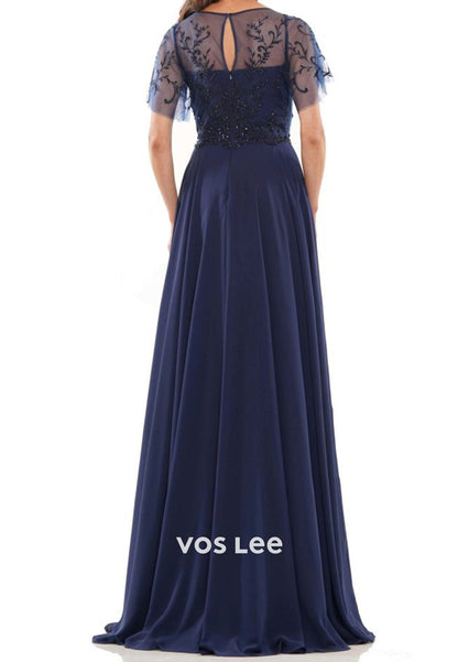 Illusion Neck Short Sleeve Appliques Floor-Length Mother of Bride Dresses