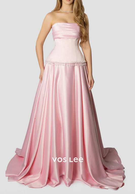 A-Line Pink Strapless Pleated Satin Beading Prom Dresses with Court Train