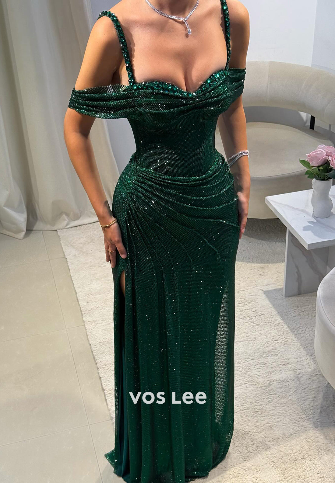 Dark Green Spaghetti Straps Rhinestone Sheath Prom Dresses with High Split
