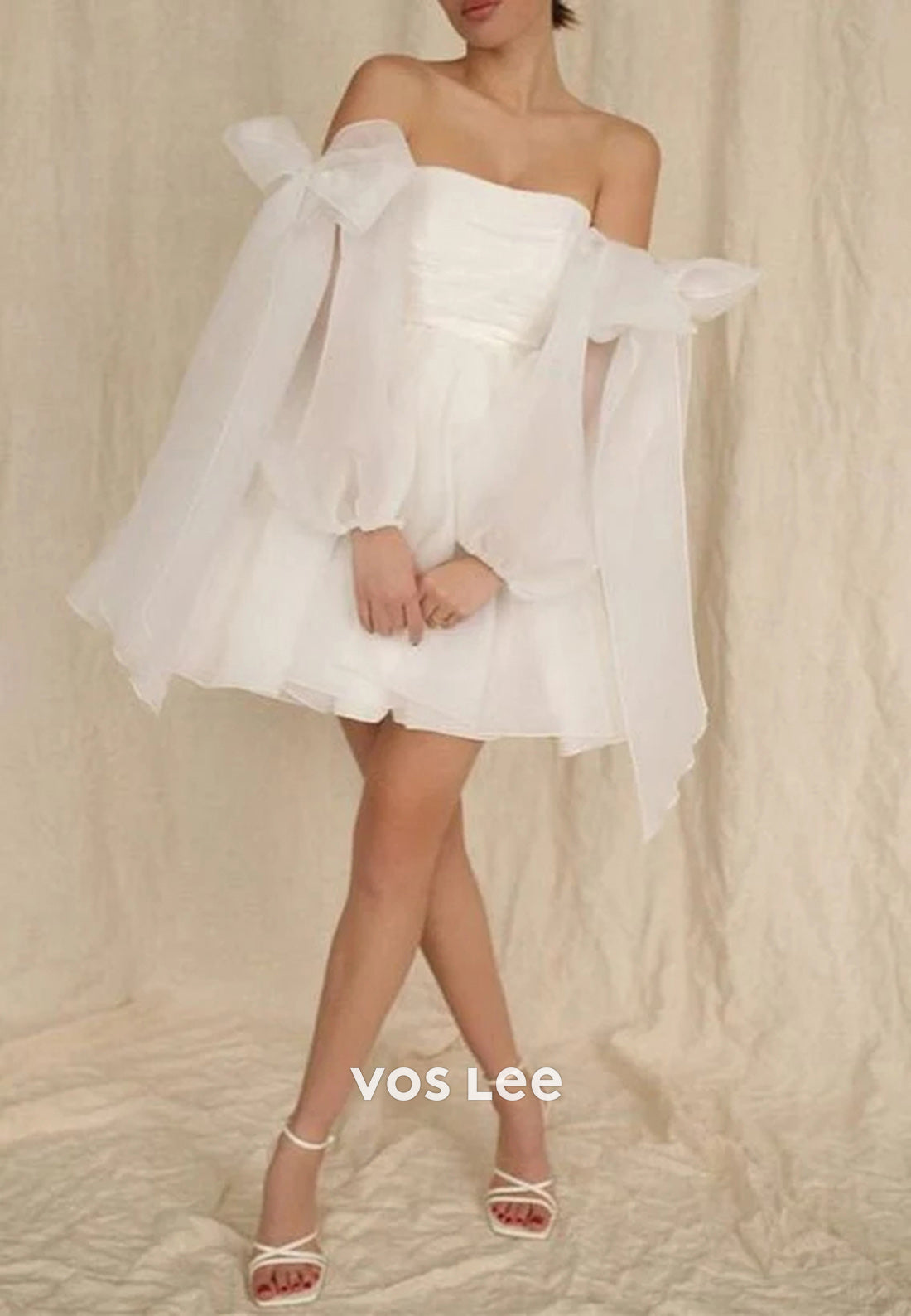 Mini & Short A-Line Long Sleeve Strapless Pleated Bowknot Beach Wedding Dresses