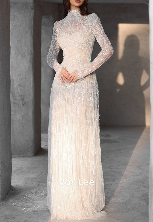 Fully Beaded Long Sleeve Illusion Neck Sheath Wedding Dresses with Sweep Train