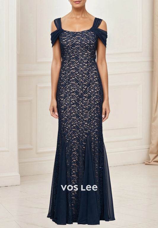 Off the Shoulder Appliques Lace Floor-Length Pleated Sheath Mother of Bride Dresses