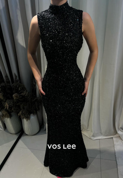 Classic & Timeless High Neck Fully Sequined Beaded Pleated Sheath Evening Dresses