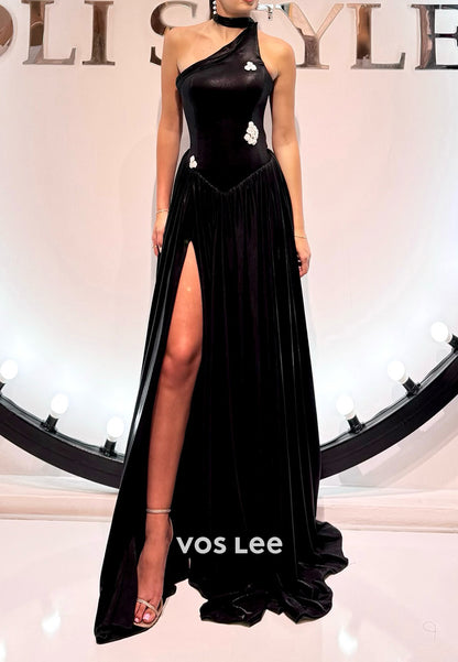 Black A-Line One Shoulder Flowers Pleated Prom Dresses with High Split