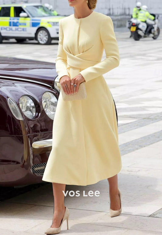 A-Line Long Sleeve Scoop Tea-Length Ruched Mother of Bride Dresses
