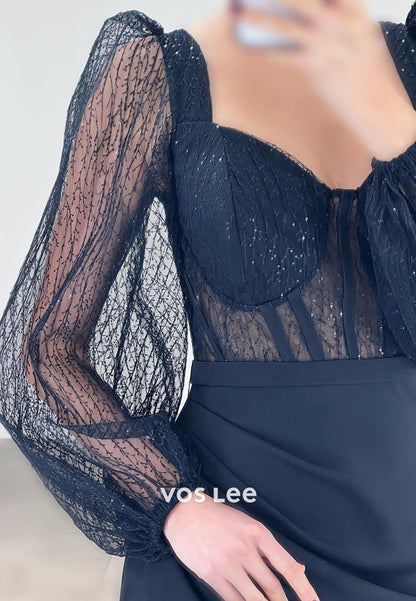 Elegant & Luxurious Long Sleeve Tulle Sweetheart Floor-Length Sheath Evening Dresses