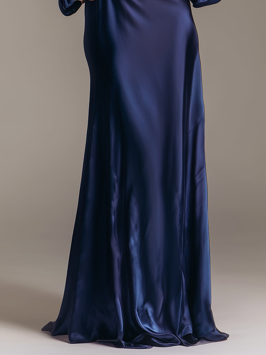 Midnight Elegance Deep-V Satin Gown With Dramatic Bishop Sleeves