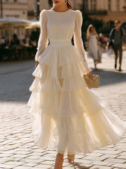 Tiered Ruffle Long Sleeve Pleated Maxi Dress