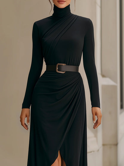 High-Neck Draped Midi Dress With Asymmetrical Hem