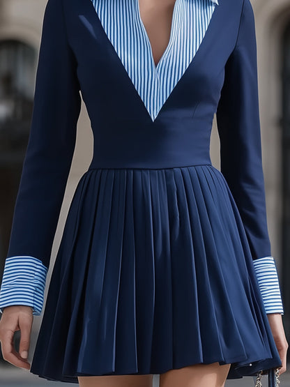 Navy Pleated Mini Dress With Striped Shirt Collar Detail