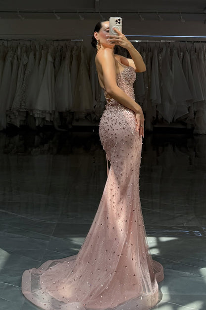Pink Sweetheart Mermaid Evening Gowns Long With Beadings Pearls