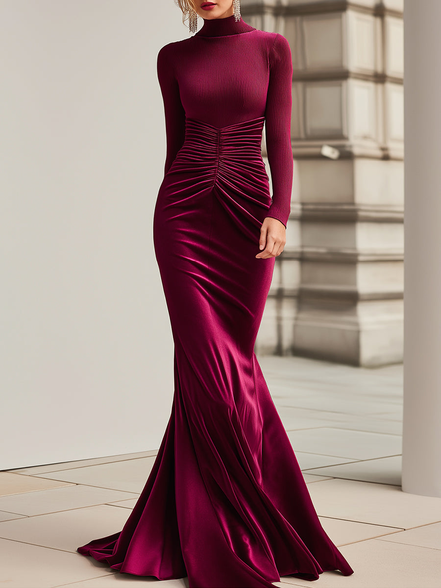 Ribbed Knit & Velvet Panel Gown
