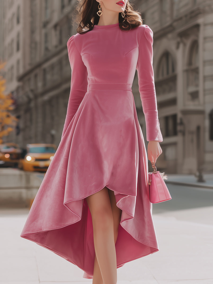 Elegant Pink Velvet High-Low Midi Dress