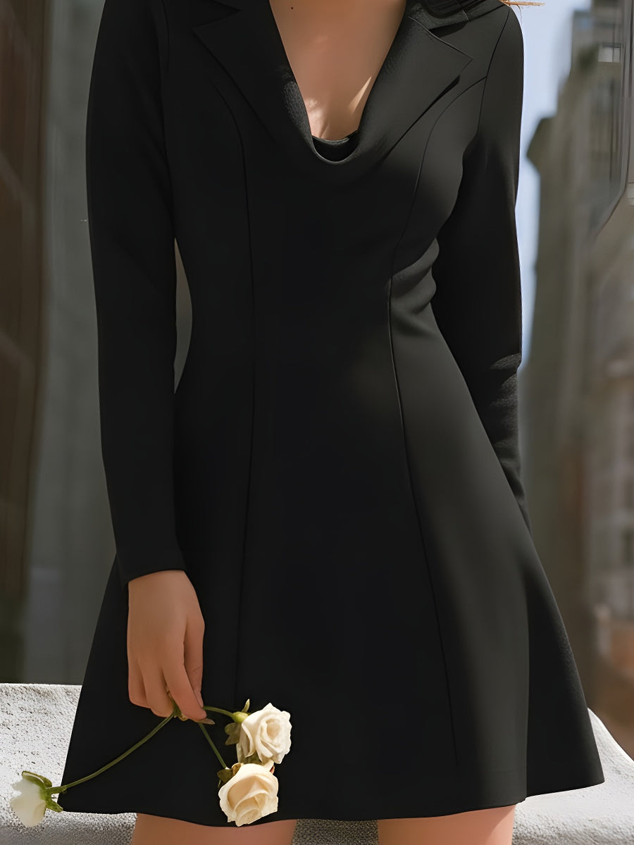 Black Long-Sleeve Blazer Dress With Flared Hem