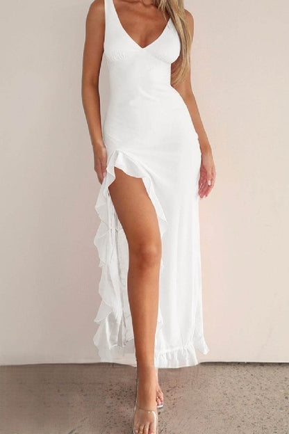 Flowy White Maxi Dress with Ruffle Slit for Wedding Guest
