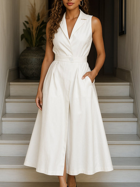 Sleeveless Ivory Midi Shirt Dress Wedding Guest Dresses