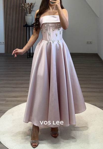 Beaded Crystal Strapless A-Line Satin Homecoming Evening Prom Dress Ball Gown