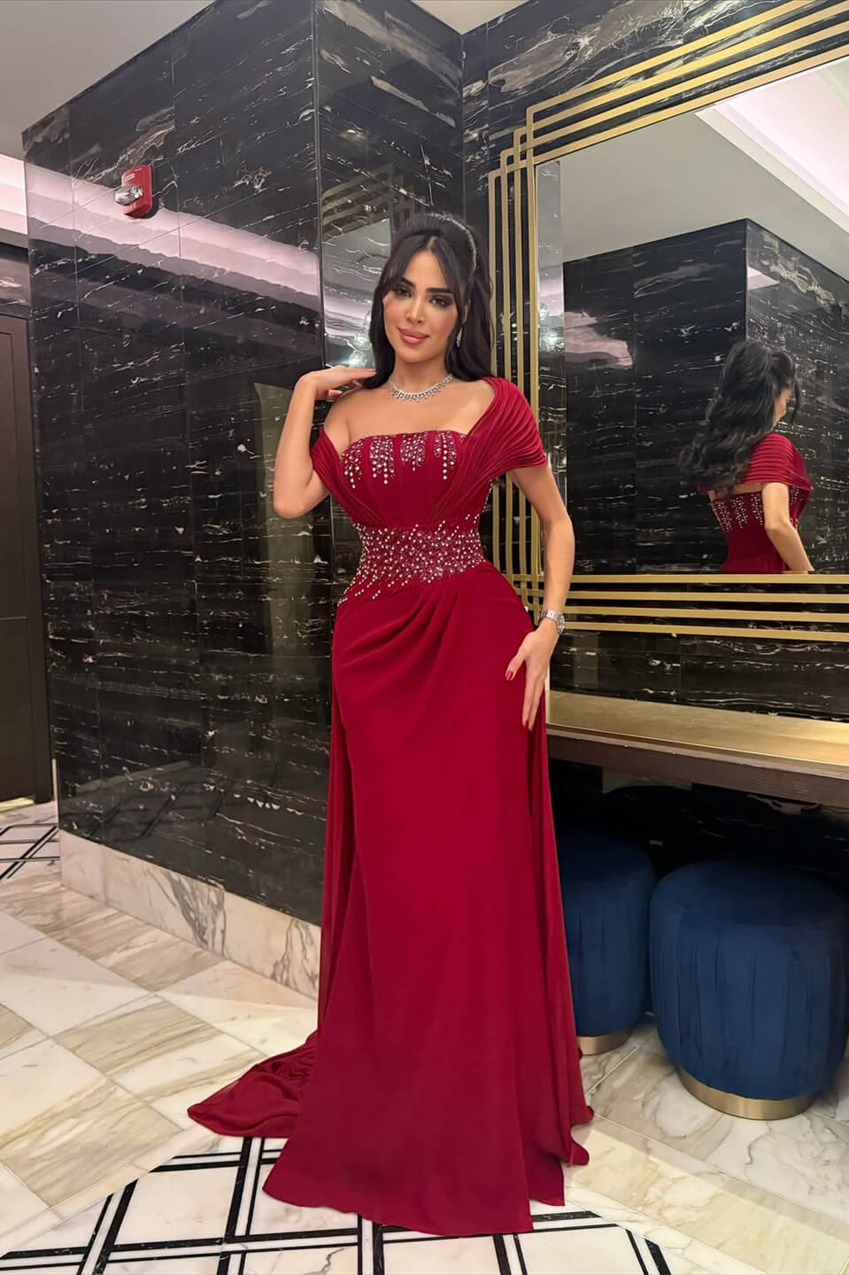 Bugurndy Off-the-Shoulder Chiffon Evening Dress Strapless Slit Long With Beads