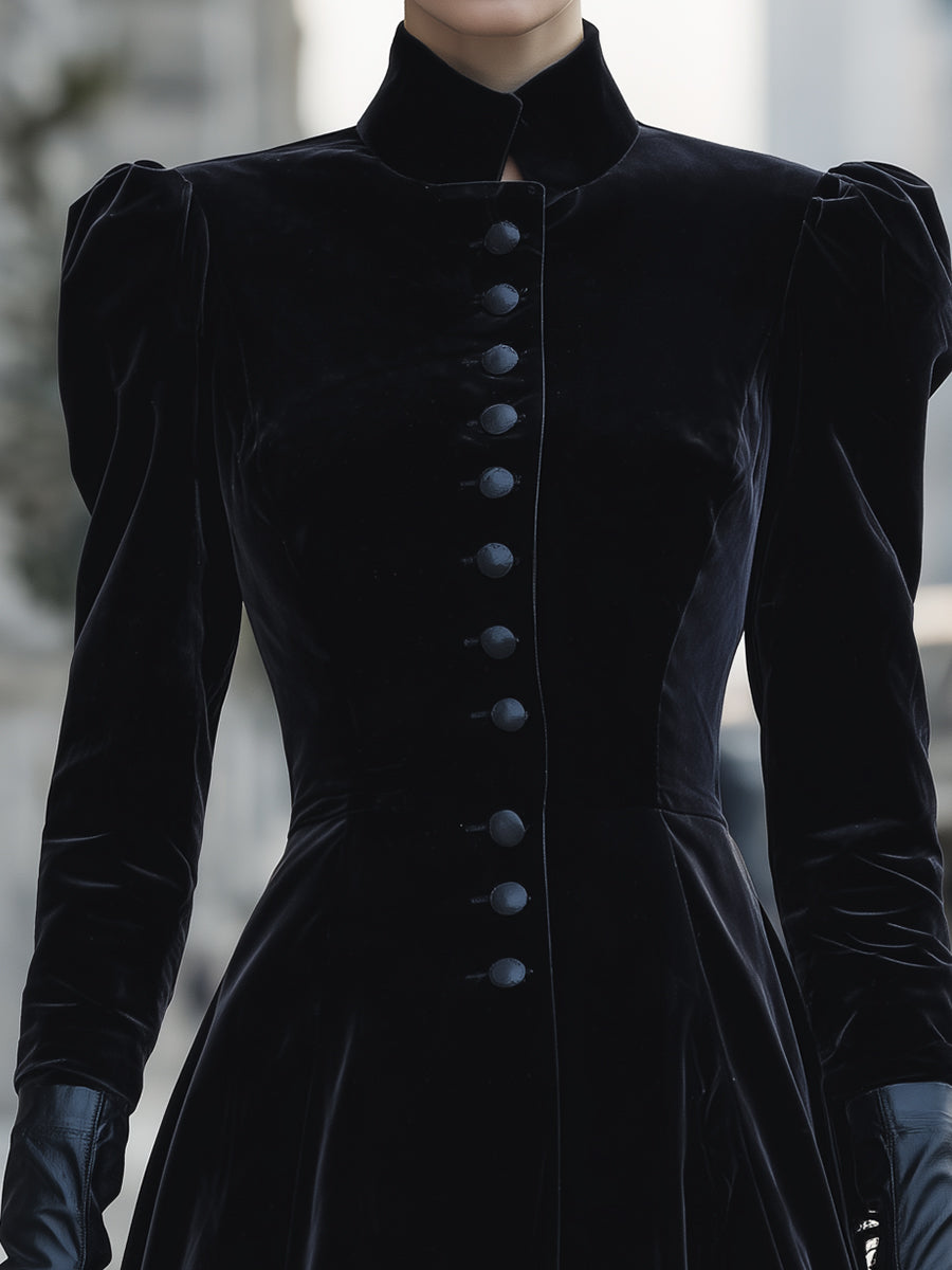 Velvet High-Neck Buttoned Mini Dress