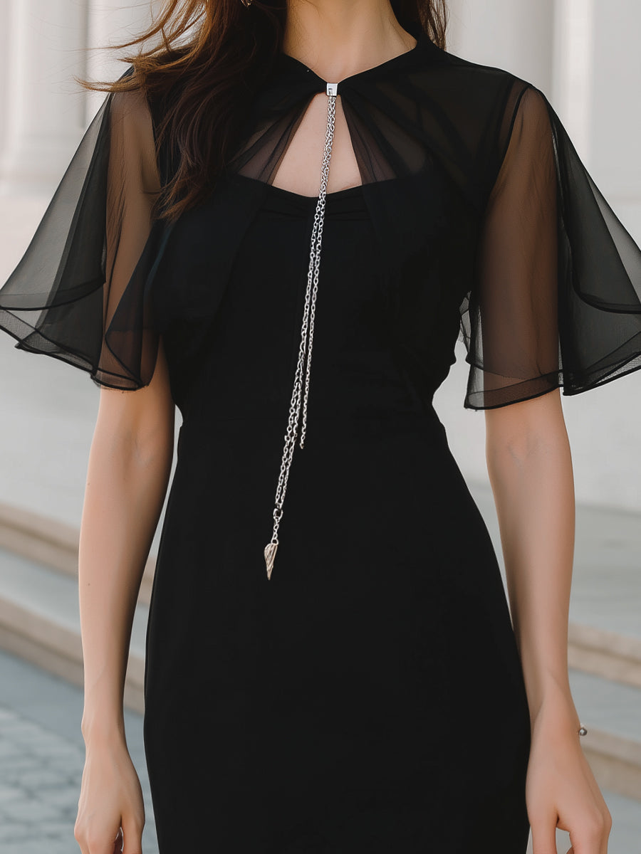 Elegant Black Sheer Cape Sleeve Pencil Dress