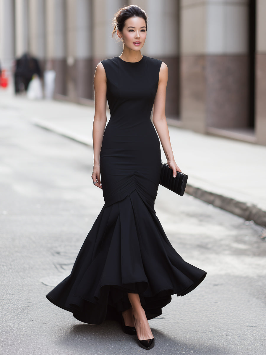 Elegant Sleeveless Ruched Mermaid Hem Long Dress