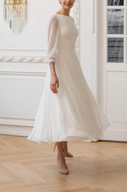 Boat Neck Three-Quarter Sleeve Chiffon Midi Wedding Dress Modest Casual Bridal Gown