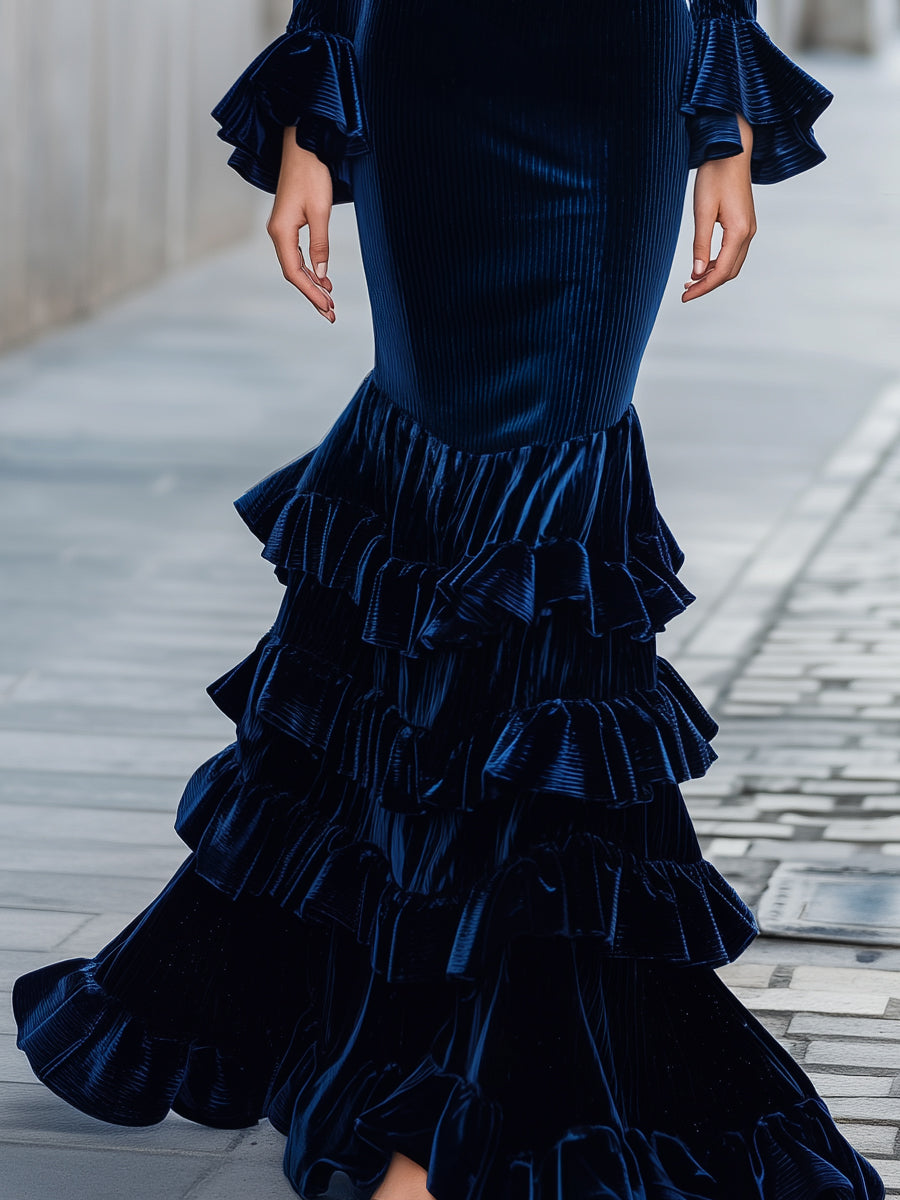 Luxurious Multi-tiered Ruffle Velvet Gown