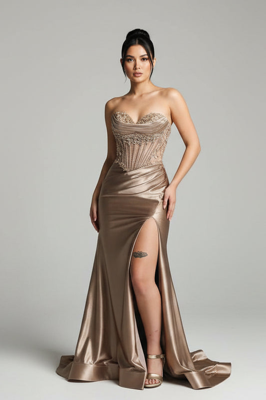 Charming Mermaid Sweetheart Brown Silk Satin Long Prom Dress with Slit
