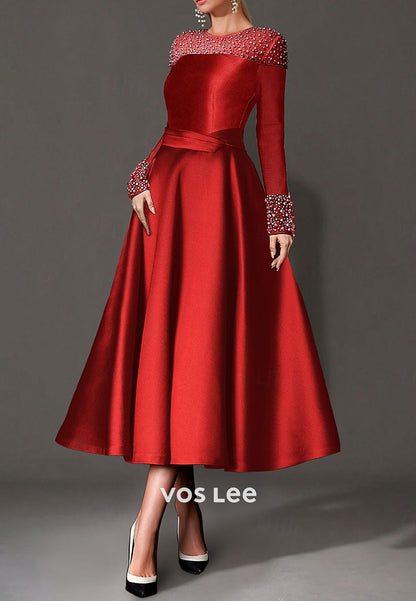 Long Sleeve A-Line Beaded Scoop Tea-Length Pleated Evening Dresses