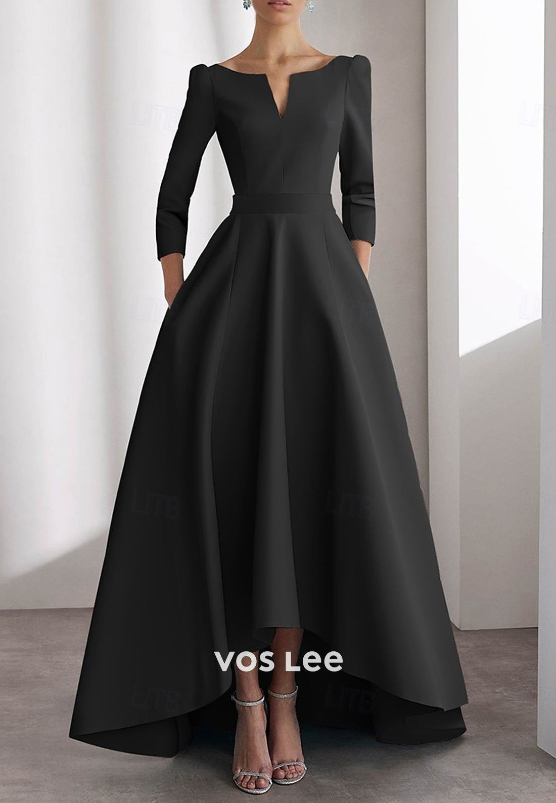 Simple & Casual A-Line V Neck 3/4 Sleeve Pleated Evening Dresses with Sweep Train